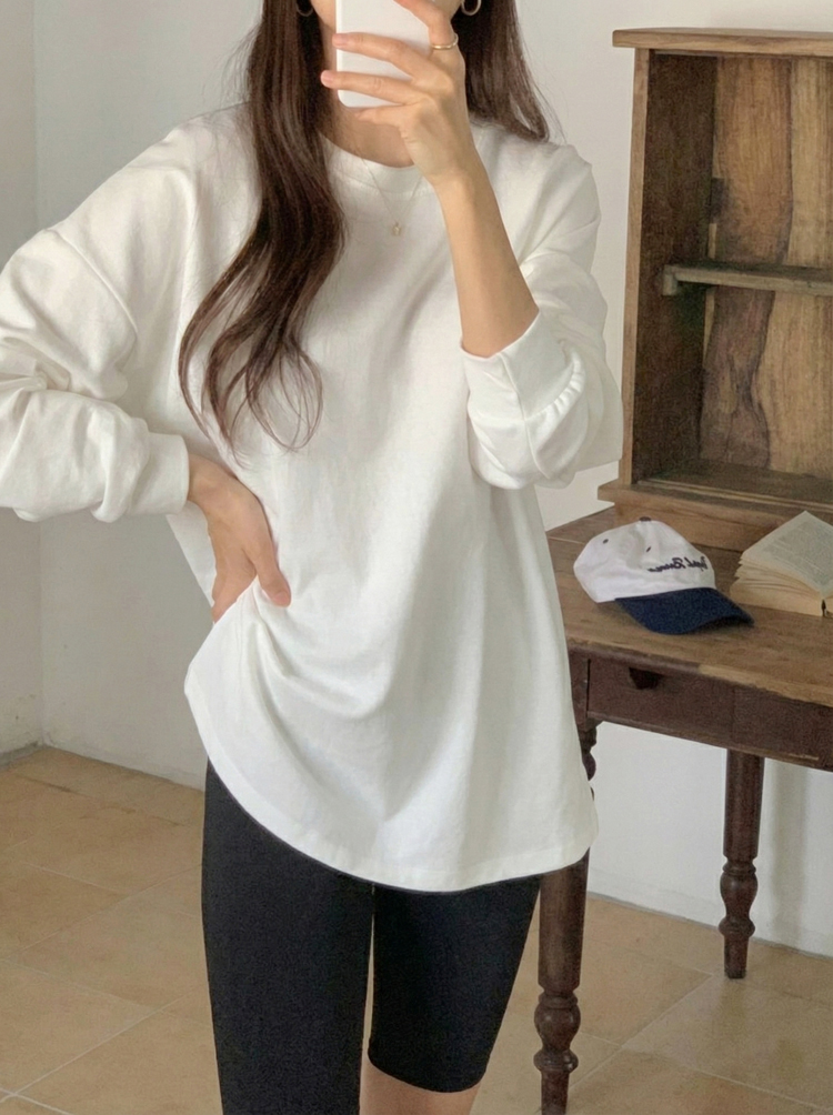 오버사이즈 롱 슬리브 스판 맨투맨 티셔츠 레이어드 여자 티셔츠 기본 라운드 여자 긴팔티 - 상세 이미지 3