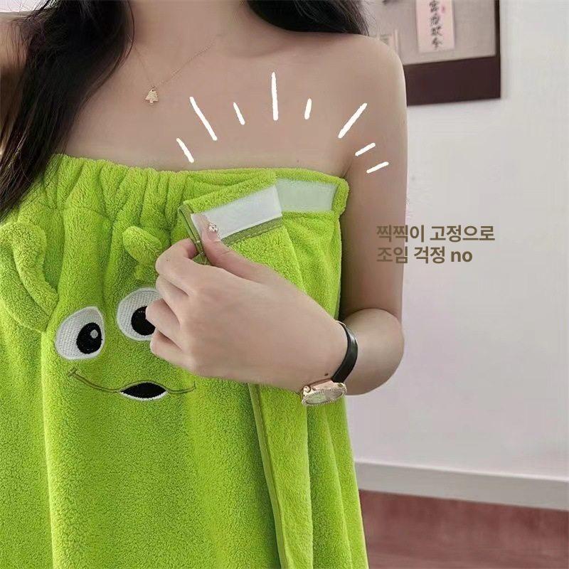 여성용 목욕 가운 슬립 대형 흡수력 좋은 타월 그린 쓰리아이 엘프 롱캡슬립 목욕 가운 80~140 +드라이 캡 - 상세 이미지 4