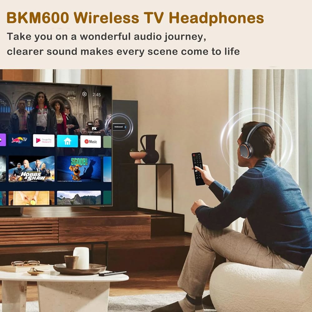 Holdsound TV 시청용 무선 헤드폰 및 BKM600 송신기(광학, 향상된 블루투스 플러그 RCA - AUX, 앤 헤드폰, 출력), 경량 볼륨, 플레이, USB - 상세 이미지 3
