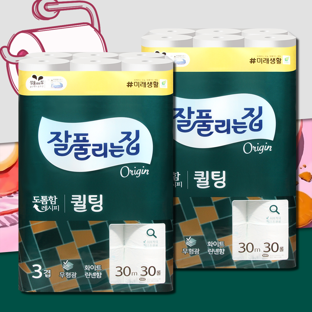 잘풀리는집 퀼팅 화장지 3겹 30m 30롤 2팩 먼지없는 물에잘녹는 두루마리휴지