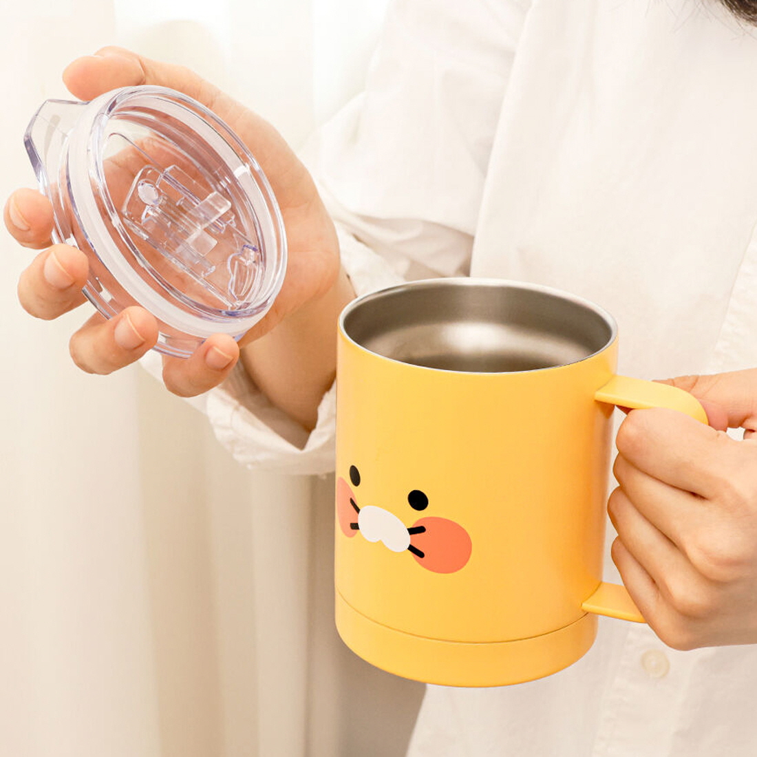 춘식이 스텐머그컵 뚜껑있는 텀블러 보온보냉 캠핑 손잡이 리유저블컵 340ml, 춘식얼굴 - 상세 이미지 4