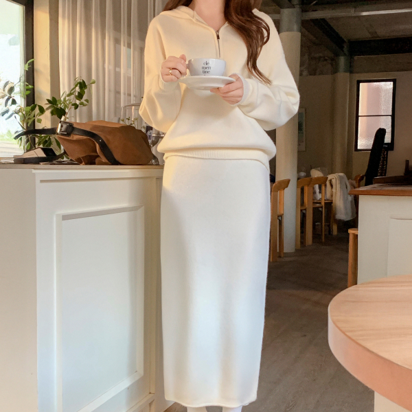 반집업 후드 니트 롱 스커트 투피스 세트 st3018 제품 이미지