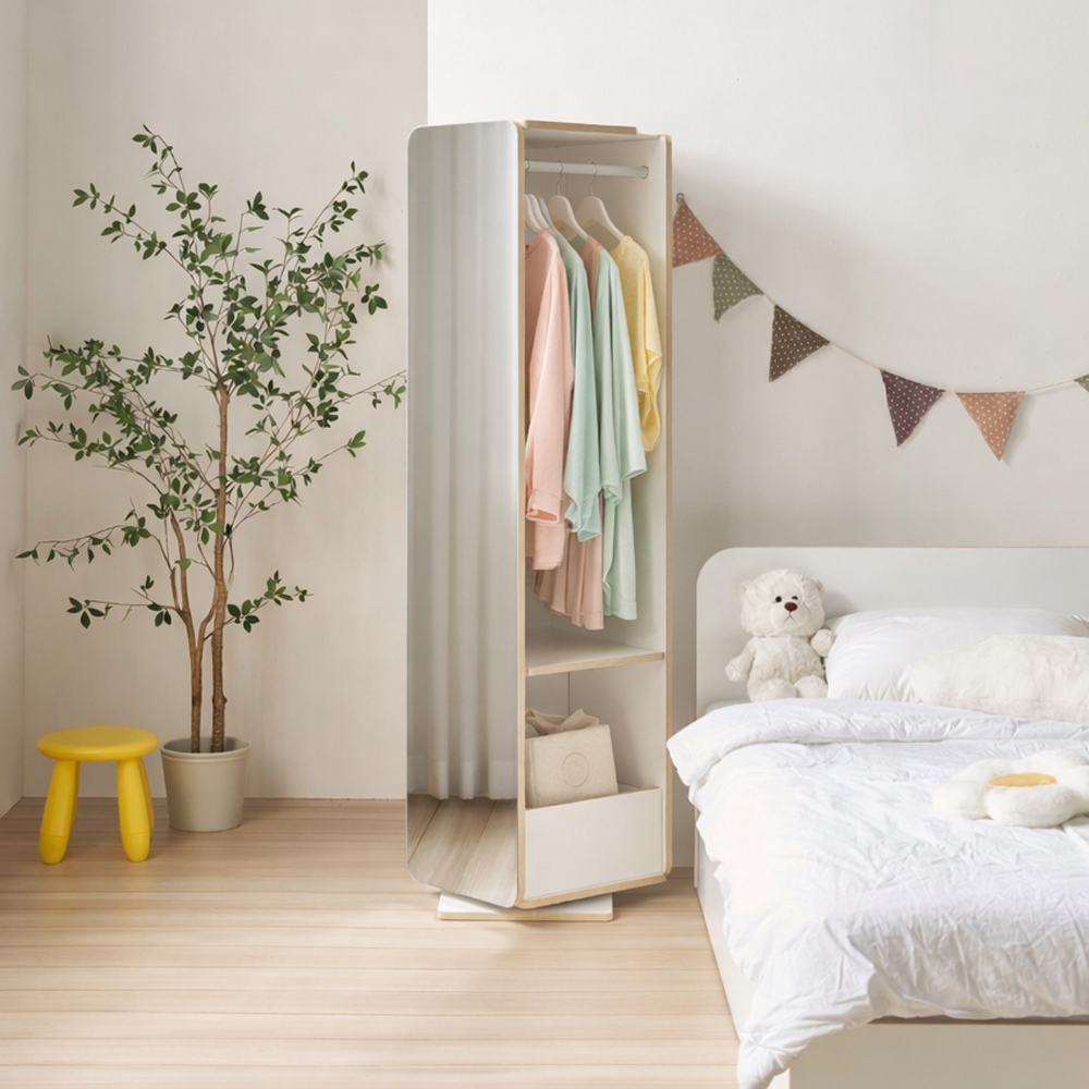착한목수 우디 수납 회전 전신 거울 틈새 헹거 옷걸이