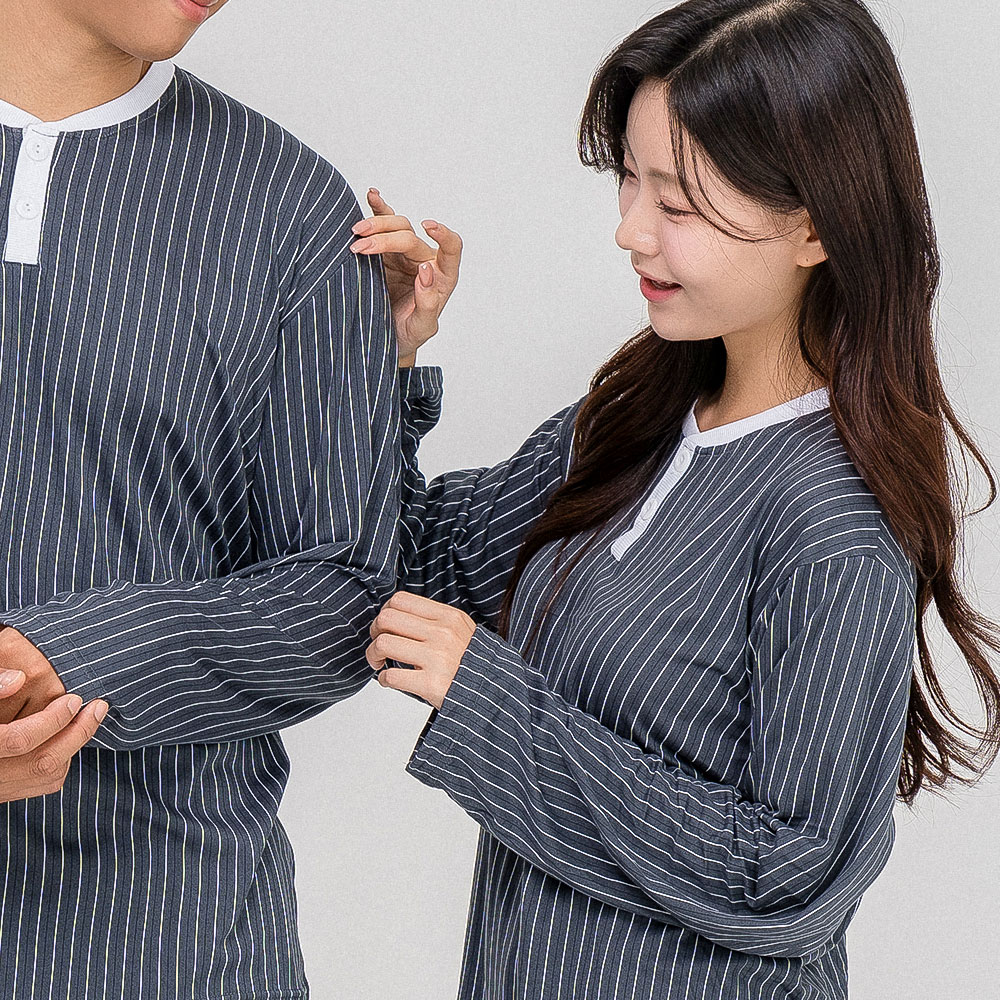 [에이원] 핀스트라이프 커플잠옷세트 라운드 피치기모 홈웨어 파자마 - 상품 이미지
