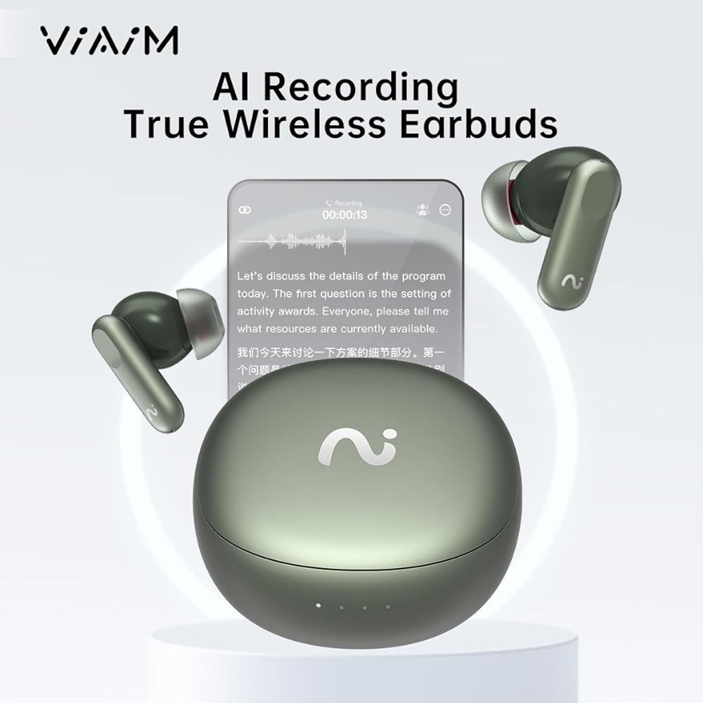 VIAIM Nano+ AI 스마트 이어버드 이어버드, 노이즈 캔슬링 트랜시버, - IPX5, 녹음기, 배터리 수명 및 40시간의 실시간 (그린) 번역기 4-in-1 무선 음성 - 상세 이미지 2