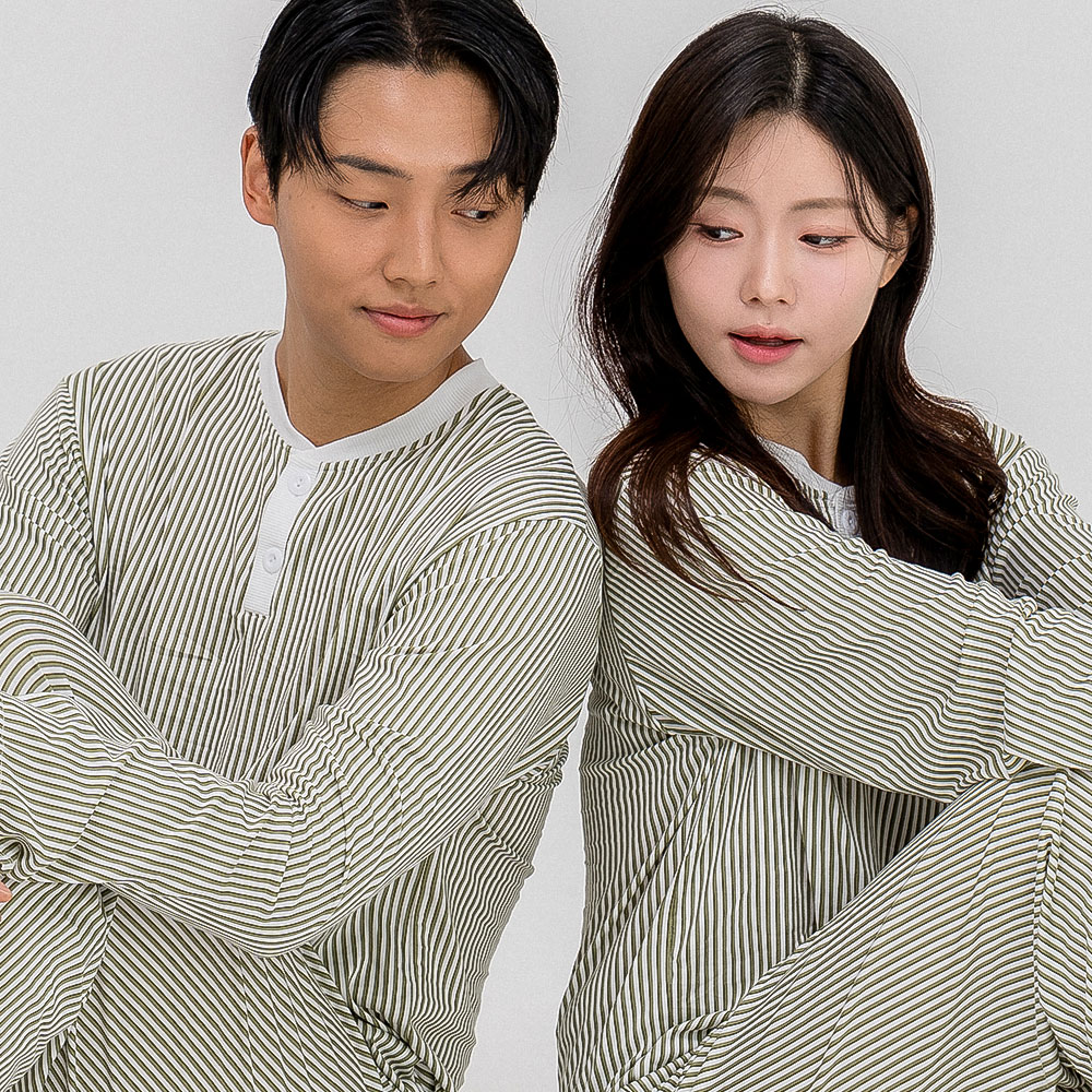 [에이원] 클래식 커플파자마 라운드 긴팔 잠옷 신혼잠옷 홈웨어 세트 - 상품 이미지
