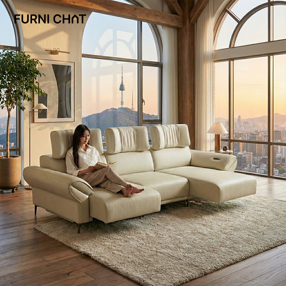 퍼니챗 카라 4인용 리모컨형 버튼형 동시가능 비건 가죽 무빙 슬라이딩 리클라이너 모션 소파