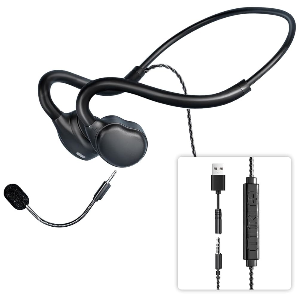 QOEKUEY 오픈 이어 헤드폰, 마이크 오디오 + 가능, 유선 블랙 분리 컨트롤 크리스탈 케이블, USB - 3.5mm - 상품 이미지