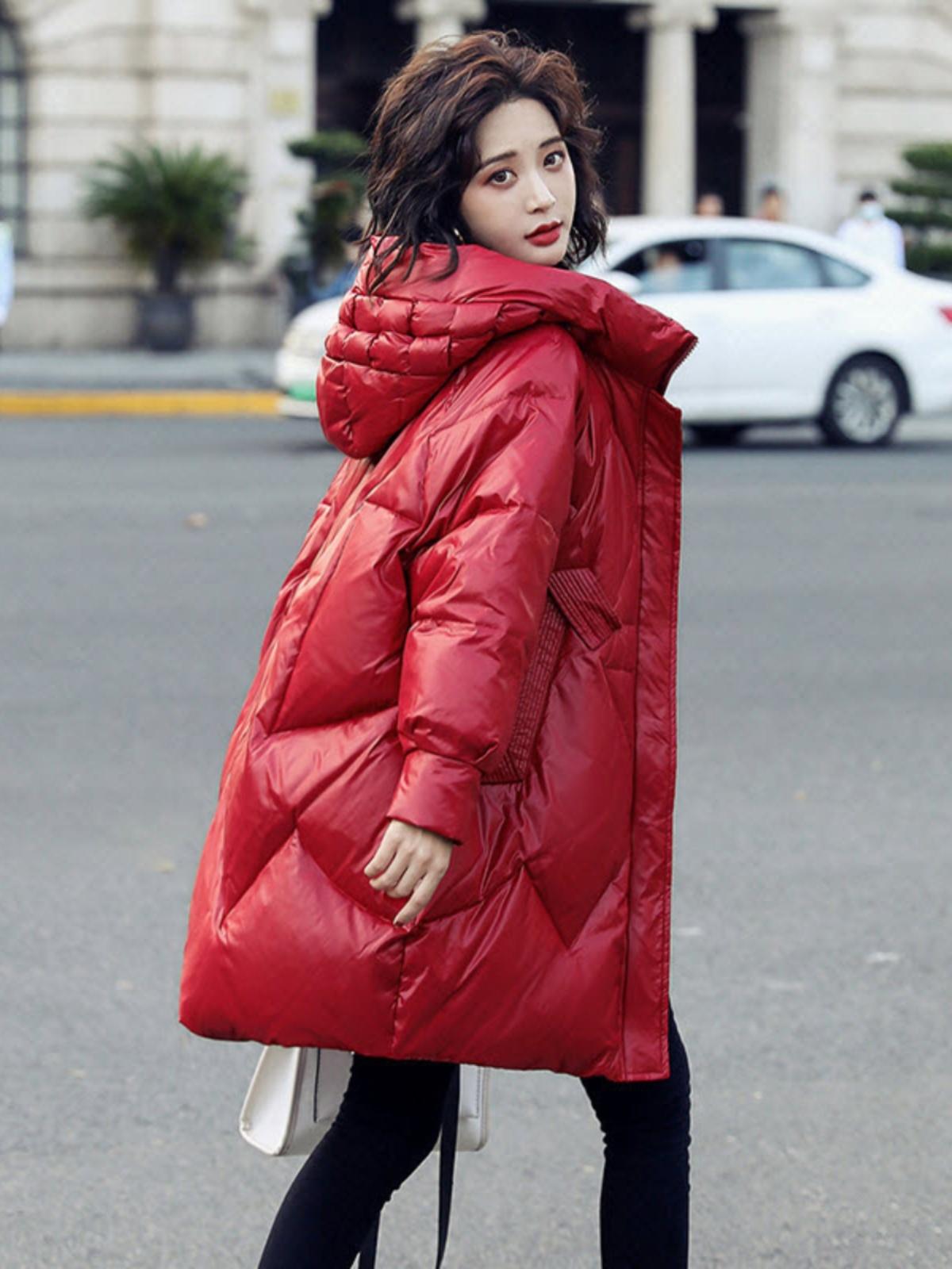 여성 패딩 코트 루즈핏 벨티드 폭스퍼 트리밍 여성용 레드 S 50.0-57.5kg - 상품 이미지