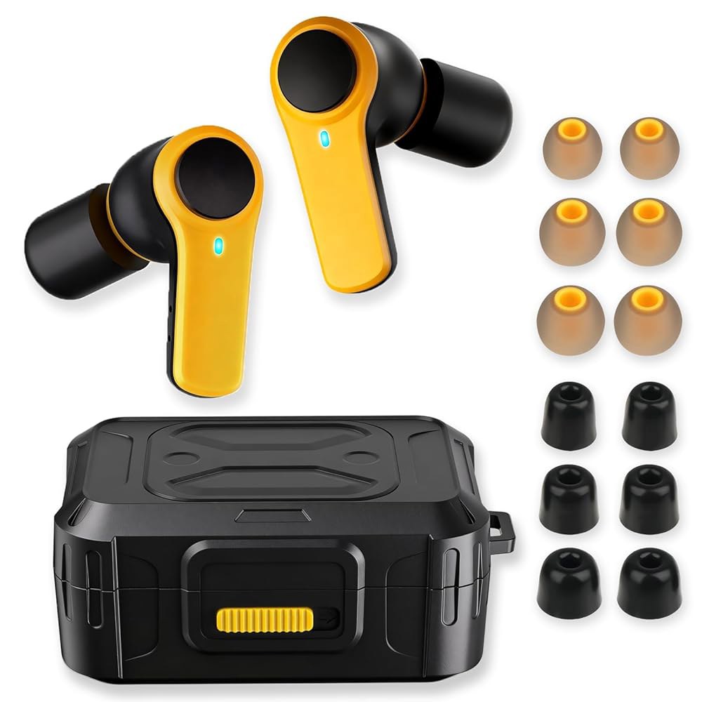 ToolFun 블루투스 6.0 작업 현장 작업을 ENC, 튼튼한 방수, 포함 트루 와이어리스 70시간 12개 위한 야외 캔슬링, 재생, 30dB IP56 이어버드, 노이즈 이어플러 - 상품 이미지