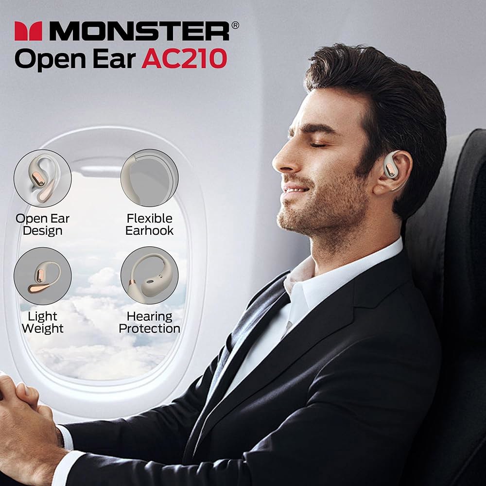 Monster 오픈 이어 AC210 헤드폰, 화이트 5.4 충전, 30시간 IPX5 HD Type-C 터치 헤드폰 컨트롤, 이어폰 재생, 스테레오 이어버드, 클리어 방수 통화, - 상세 이미지 2