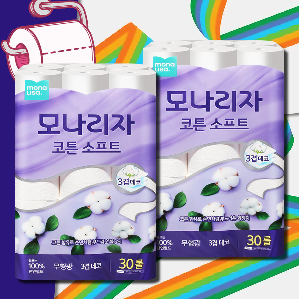 모나리자 코튼소프트 화장지 3겹 25m 30롤 2팩 두루마리 휴지 물에잘녹는 무형광