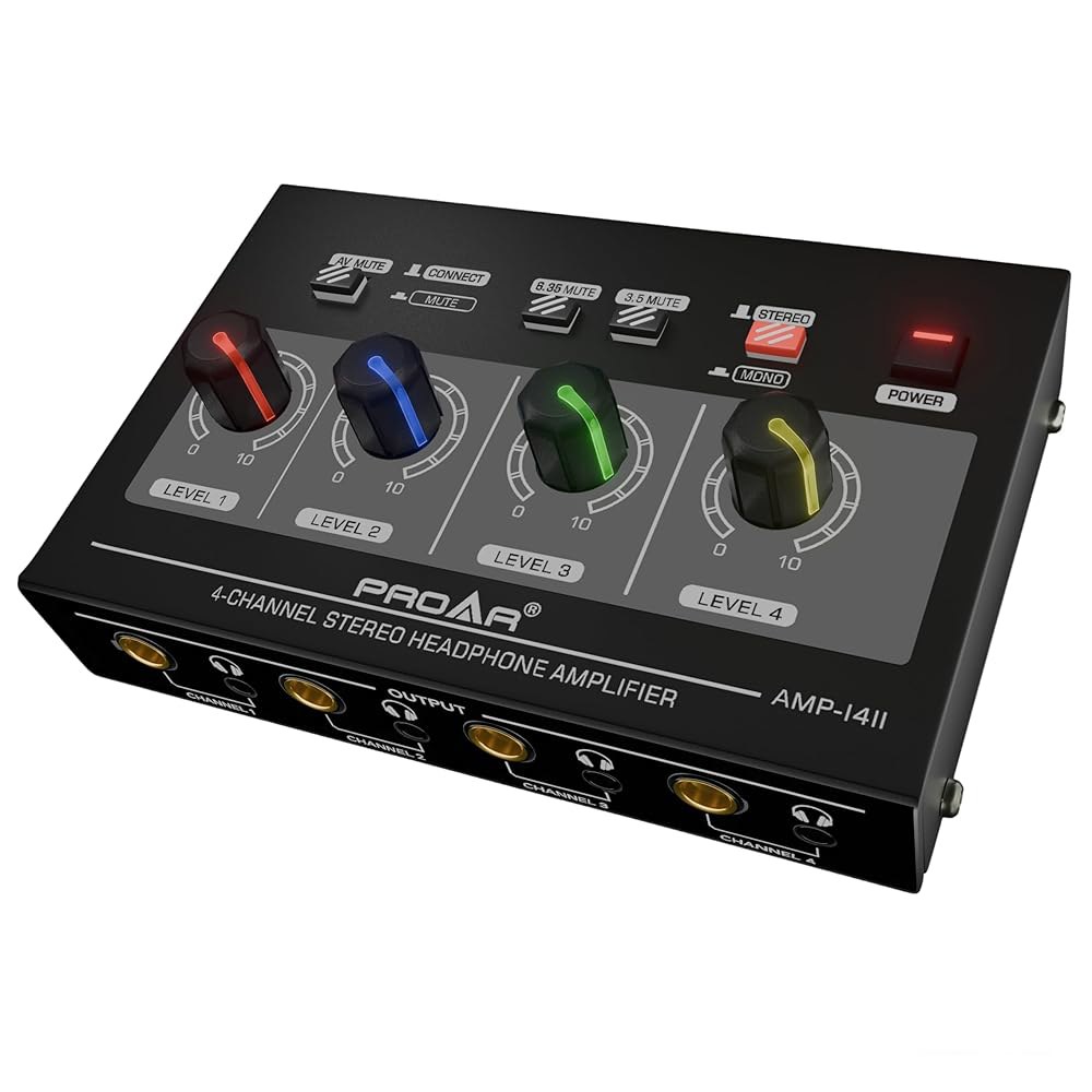 PROAR 4 채널 헤드폰 앰프 스플리터, 7가지 입력 0.3cm(1/8인치) 0.6cm(1/4인치) 출력 TRS 멀티 스튜디오용 모노/스테레오 3개의 조명 금속 색상 음악 포함 - 상품 이미지
