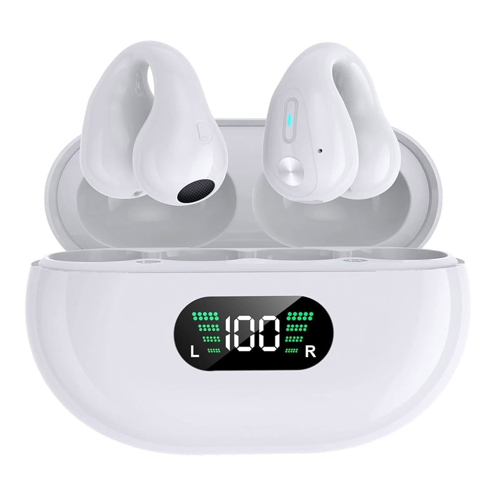 Alpha Digital 무선 이어 클립 최대 18시간 화이트 사이클링, 5.3, 350mAh 배터리, 이어버드, 블루투스 재생, 달리기, 운전을 경량, 위한 골전도 스포츠, - 상품 이미지