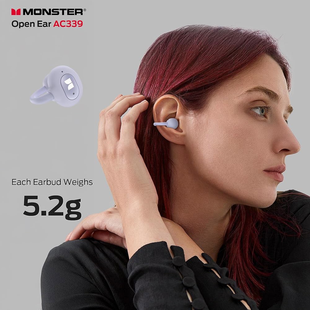 Monster 오픈 이어 AC339 이어버드, 클립 재생, 컨트롤, 터치 40시간 스테레오, HiFi 6.0 방수 헤드폰(퍼플) 무선 IPX6 블루투스 - 상세 이미지 2