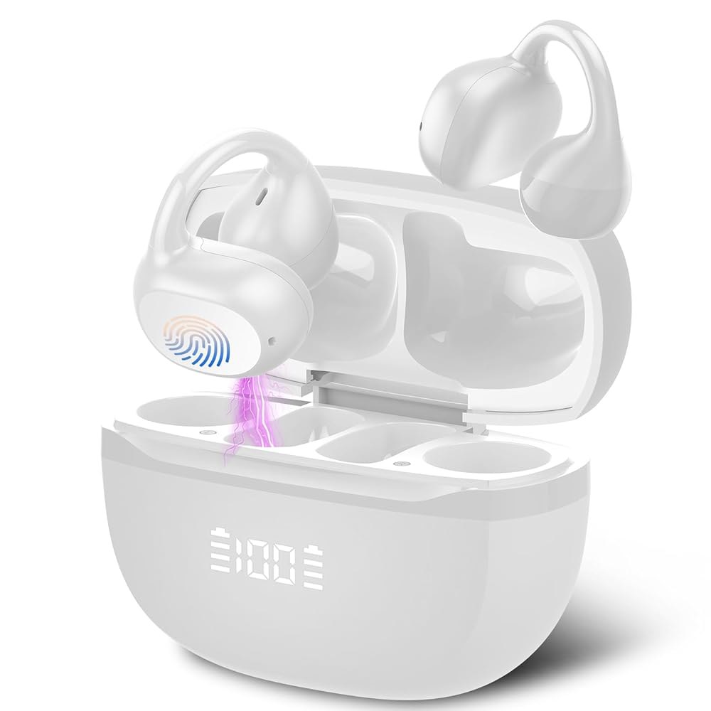 오픈 이어 이어버드, 무선 이어버드 완벽한 헤드폰 IPX7 48시간 러닝 컨트롤 5.4 재생, 블루투스 클립온 터치 스포츠용 골전도 인체 공학적 위의 방수 White - 상품 이미지