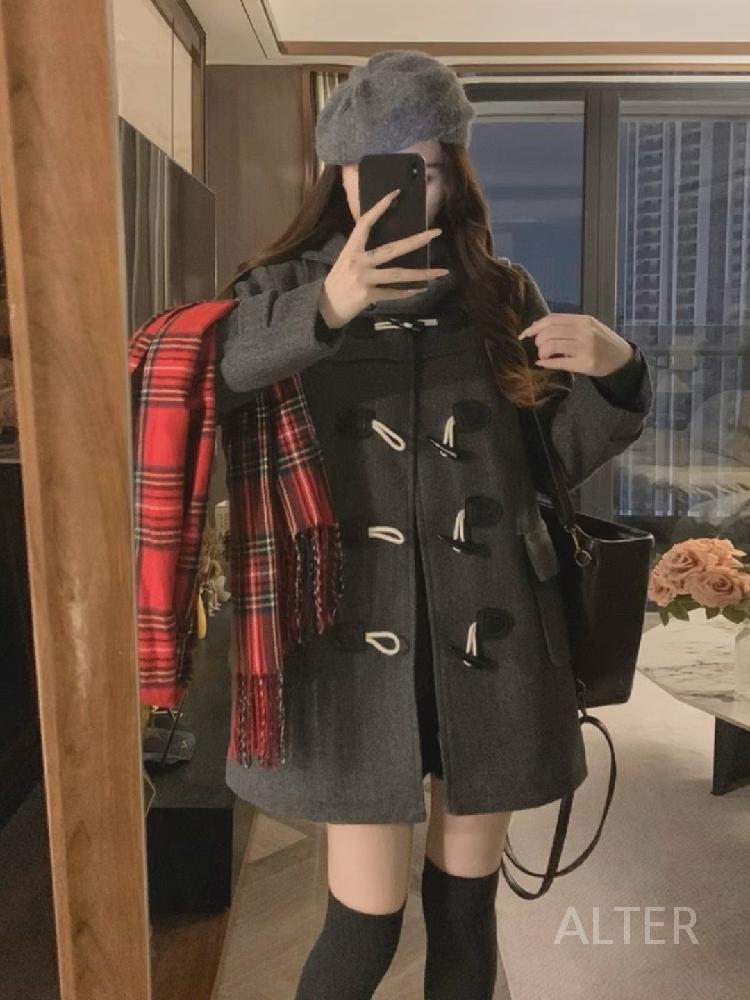 떡볶이코트 하프코트 키작녀 더플 후드 블렌드 재킷 반코트 다크그레이 S - 상세 이미지 4