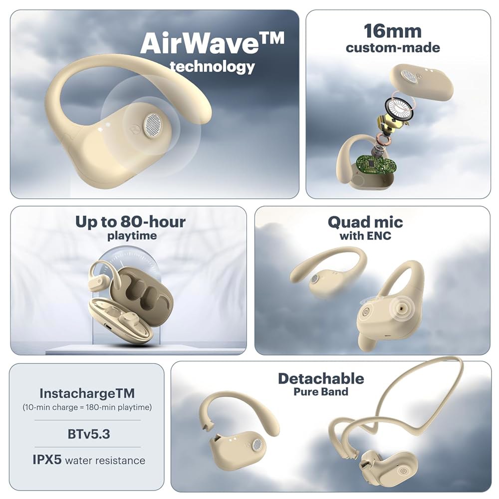 Noise Pure Pods AirWave 체육관 땀 이어버드, 무선 편안함, 없음 80시간 기술이 최고의 오픈 달리기, 피로 방지, 적용된 하이킹, 넥밴드, 탈착식 귀에 베이지) - 상세 이미지 2