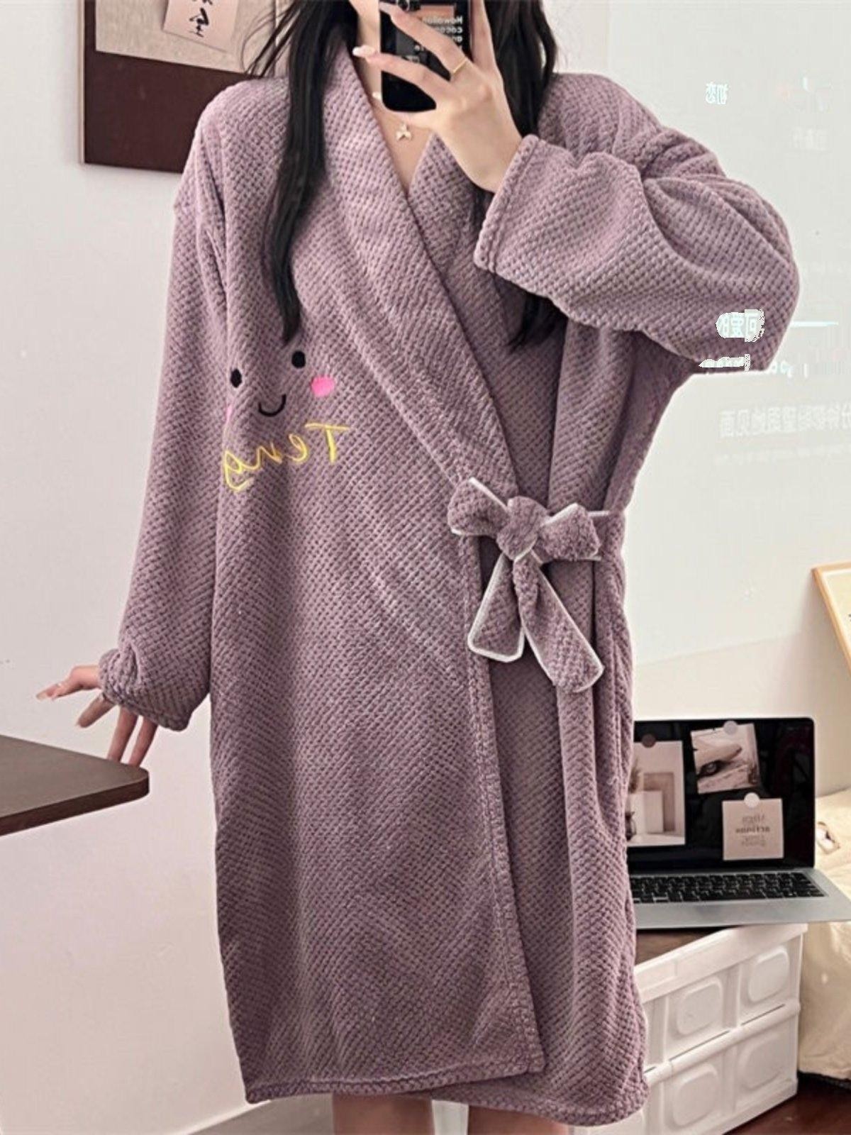 와플 로브 가운 여성 홈웨어 잠옷 샤워 목욕용 원피스 스킨핑크 긴팔 - 상세 이미지 3