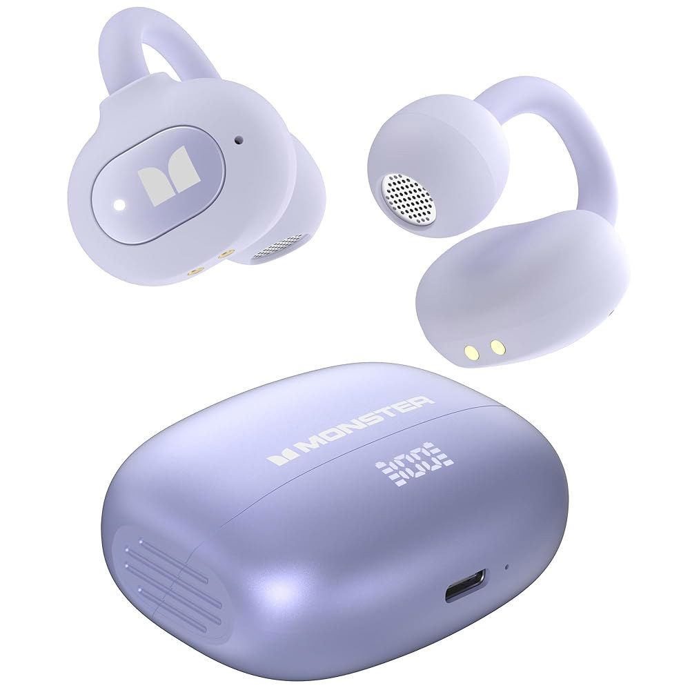 Monster 오픈 이어 AC339 이어버드, 클립 재생, 컨트롤, 터치 40시간 스테레오, HiFi 6.0 방수 헤드폰(퍼플) 무선 IPX6 블루투스 - 상품 이미지