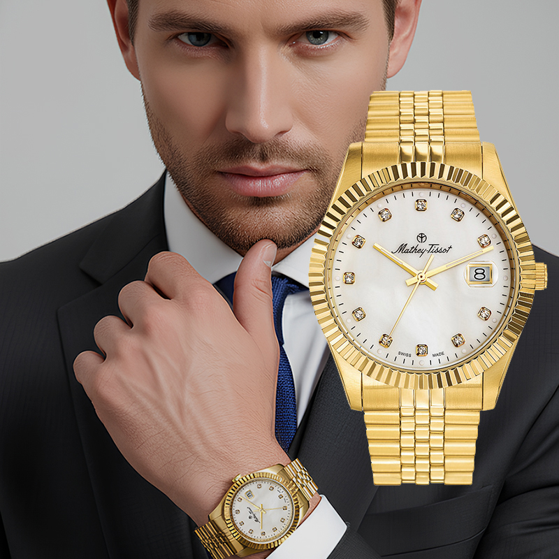 스위스 명품 메티티솟 H710 남자 메탈밴드 시계 골드화이트