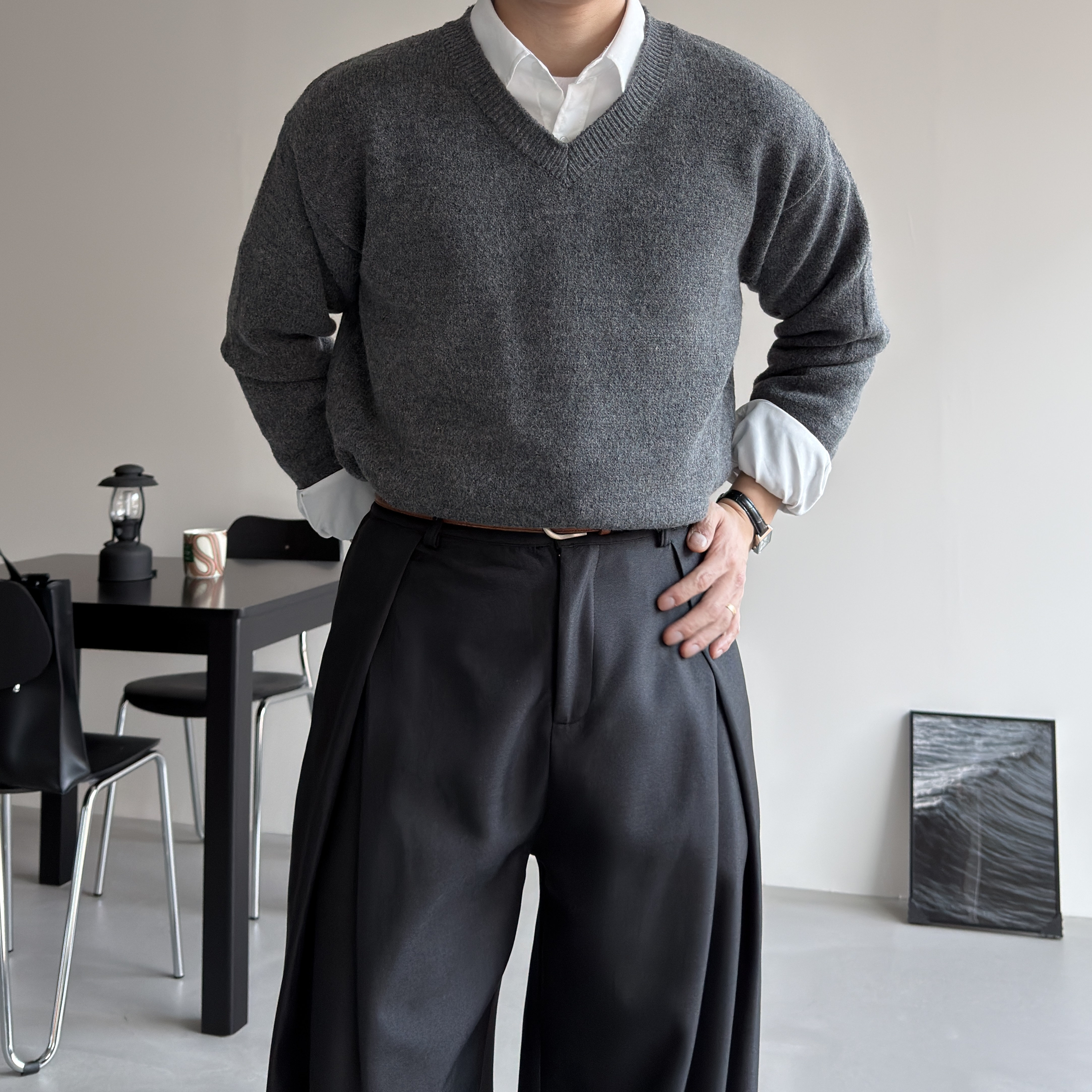 워셔블 크롭 오버핏 남자크롭니트 남자브이넥니트 워셔블스웨터 차콜, L - 상세 이미지 4