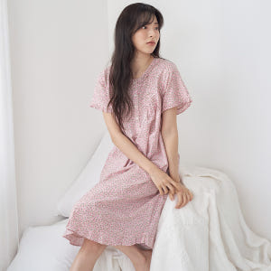 핑크잔꽃 반팔 여름 빅사이즈 순면 여성 홈웨어 원피스 잠옷 착용 후기 | 사이즈/핏 총정리 - 상품 이미지 3