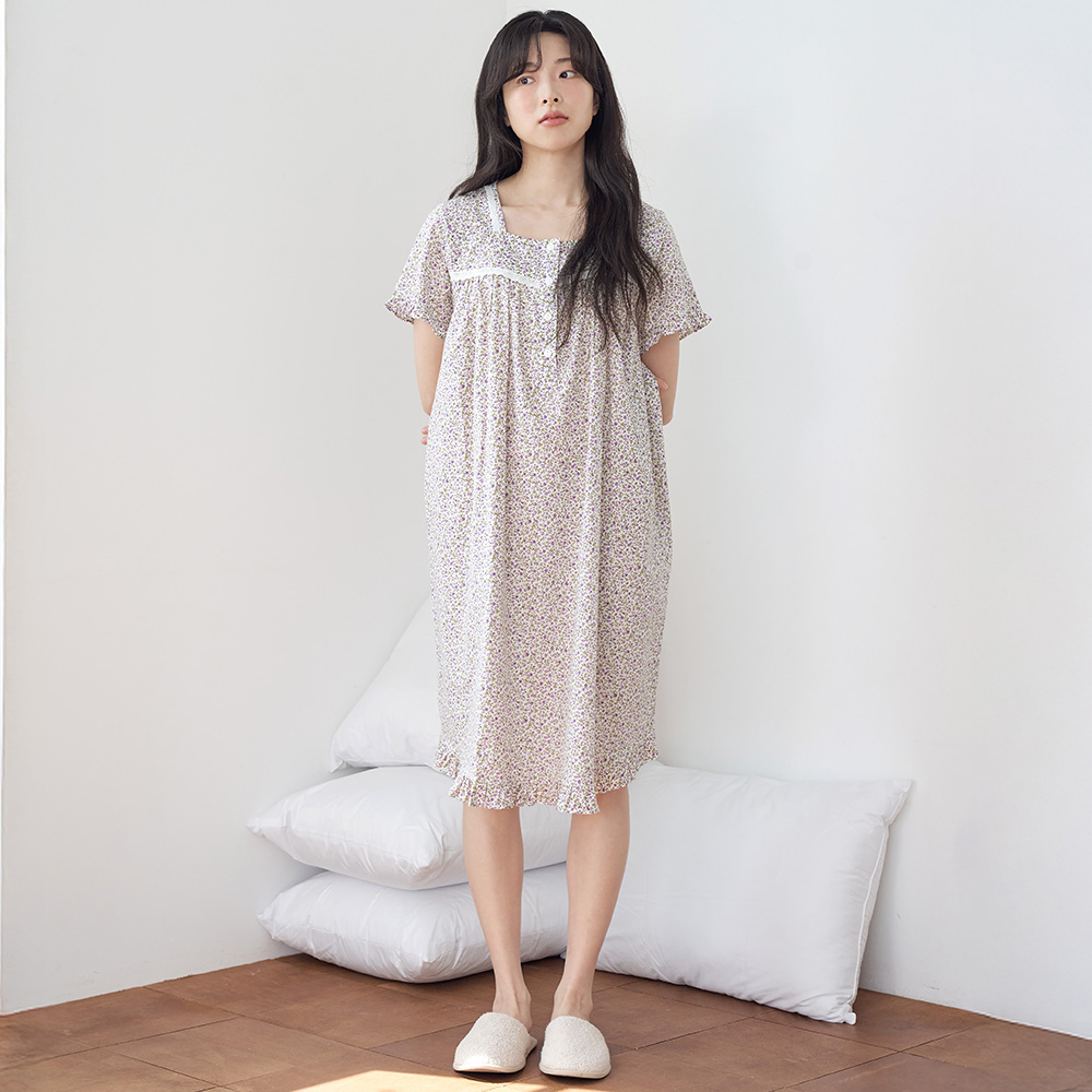 보라잔꽃 반팔 여름 빅사이즈 순면 여성 홈웨어 원피스 잠옷 이미지 2
