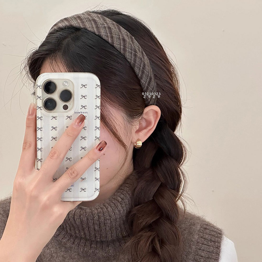체크 패브릭 와이드 헤어밴드 분위기있는 클래식 데일리 볼륨 머리띠 - 상세 이미지 2
