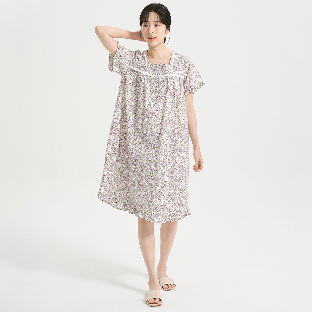 보라잔꽃 반팔 여름 빅사이즈 순면 여성 홈웨어 원피스 잠옷 이미지 4