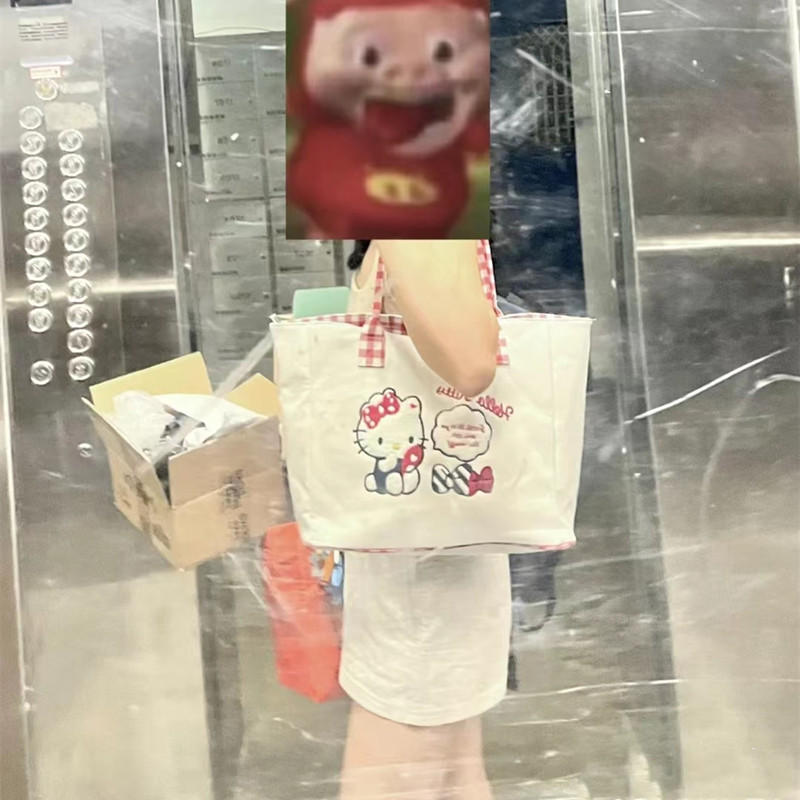 헬로 키티 자수 토트백 여성 숄더백 캔버스 가방 가을 겨울 데일리백 산리오 오프화이트 - 상세 이미지 2