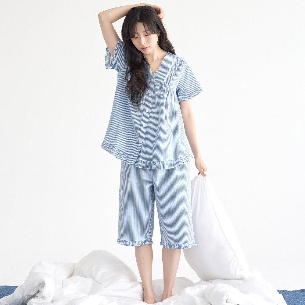 블루ST V넥 반팔 여름 빅사이즈 순면 여성 잠옷 홈웨어 세트 이미지 3