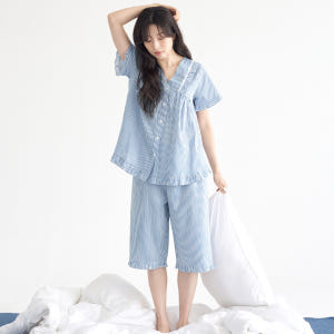 블루ST V넥 반팔 여름 빅사이즈 순면 여성 잠옷 홈웨어 세트 착용 후기 | 사이즈/핏 총정리 - 상품 이미지 3