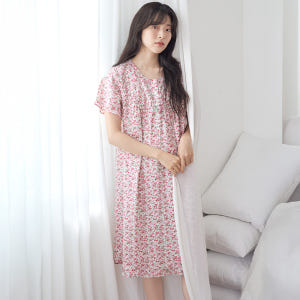 빨간잔꽃 반팔 여름 빅사이즈 순면 여성 홈웨어 원피스 잠옷 착용 후기 | 사이즈/핏 총정리 - 상품 이미지 1