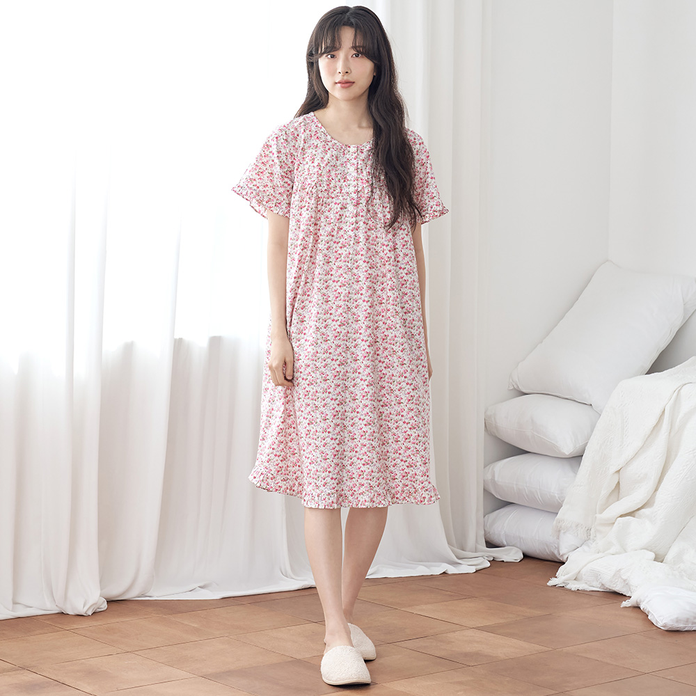 빨간잔꽃 반팔 여름 빅사이즈 순면 여성 홈웨어 원피스 잠옷 이미지 3