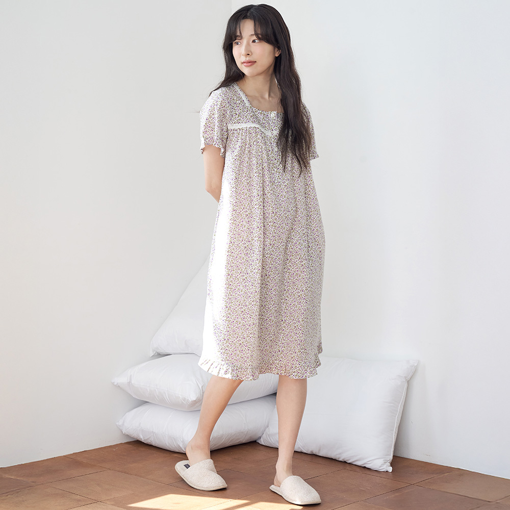보라잔꽃 반팔 여름 빅사이즈 순면 여성 홈웨어 원피스 잠옷 이미지 3