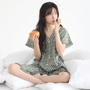 오리엔탈 V넥 반팔 여름 빅사이즈 순면 여성 잠옷 홈웨어 세트 착용 후기 | 사이즈/핏 총정리 - 상품 이미지 1