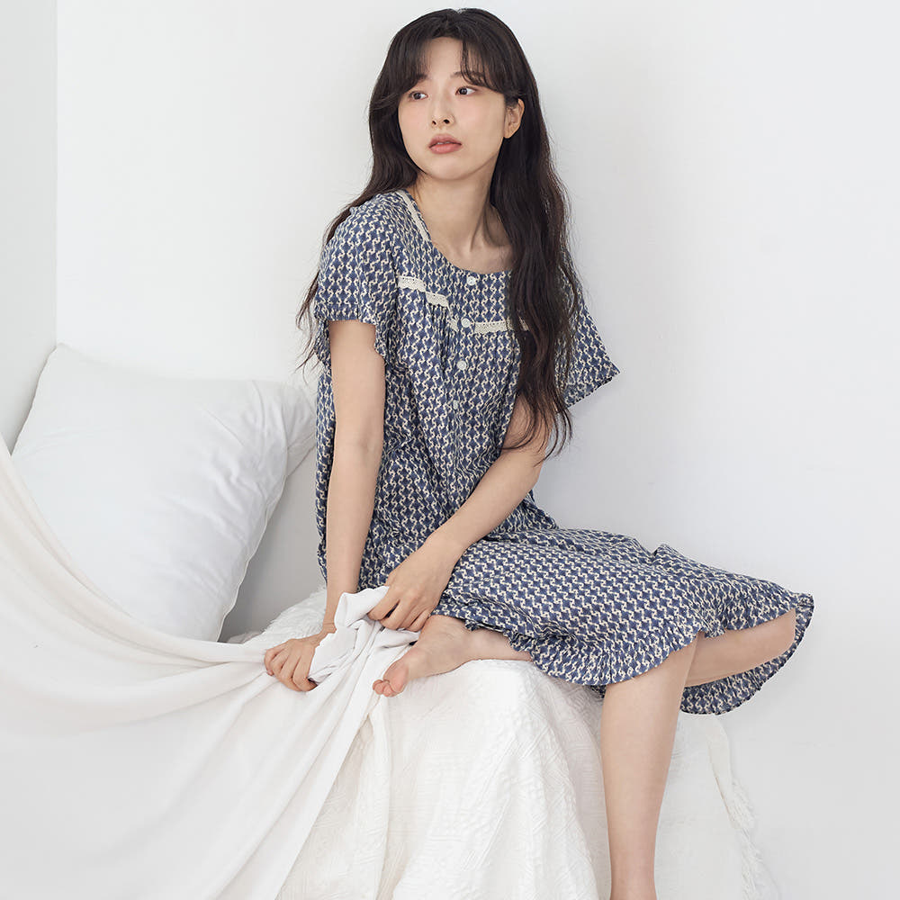 엔틱블루 여성 여름 반팔 잠옷 원피스 순면 아사면 가격 비교 MAY FLOWER 엔틱블루 여성 여름 반팔 잠옷 원피스 순면 아사면