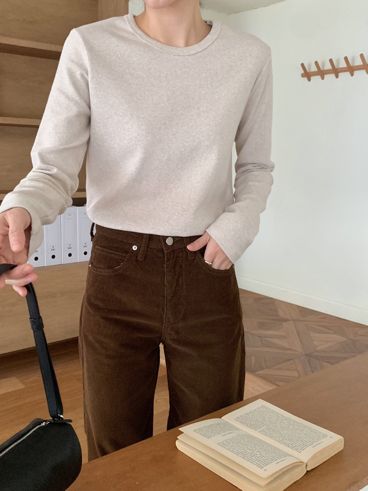 겨울 데일리 피치기모 스판 여성 티셔츠 긴팔티 기본 라운드 이너 레이어드티 기모 티셔츠 - 상세 이미지 3