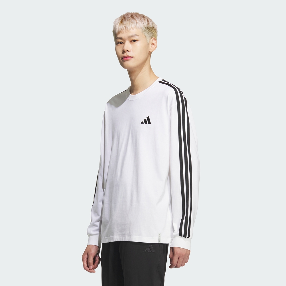[아디다스 공식] ESSENTIALS PLUS LOOSE FIT 3 STRIPES SINGLE JERSEY 롱 슬리브 티셔츠 KF3731 - 상품 이미지