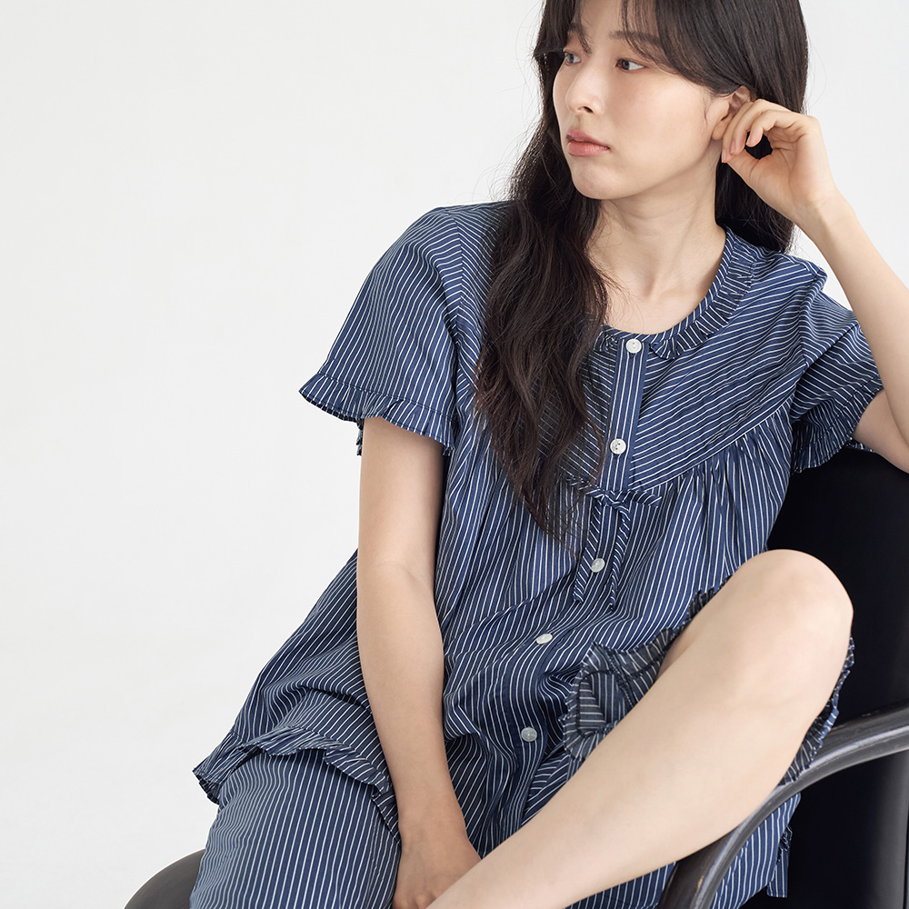 네이비ST 반팔 여름 빅사이즈 순면 여성 잠옷 홈웨어 세트 이미지 3