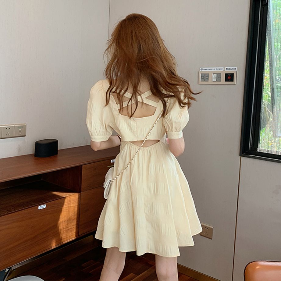 뒤트임 백리스 등파인원피스 스커트 S 시크 숏 라이트옐로우 숏 S - 상품 이미지