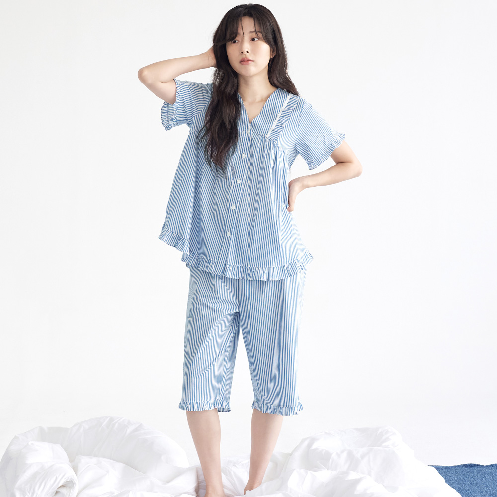 블루ST V넥 반팔 여름 빅사이즈 순면 여성 잠옷 홈웨어 세트 이미지 2
