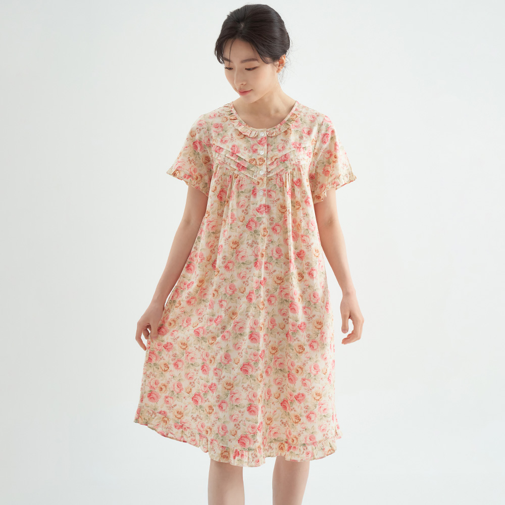 로열장미 반팔 여름 빅사이즈 순면 여성 홈웨어 원피스 잠옷 이미지 2
