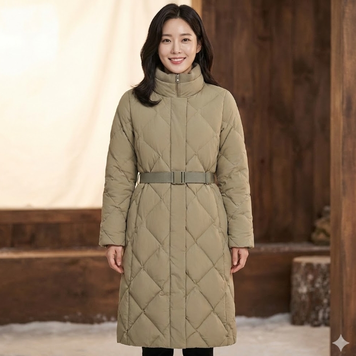 네파 여성 겨울 25년 FW 튜브 아웃도어 구스다운 허리벨트 롱코트 롱다운 패딩점퍼 - 상품 이미지