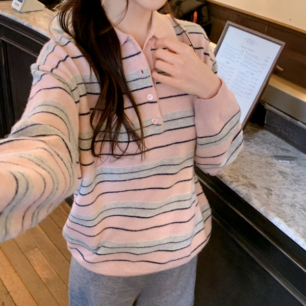 램스울 스트라이프 카라 루즈핏 니트 nt5420 제품 이미지