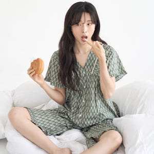 오리엔탈 V넥 반팔 여름 빅사이즈 순면 여성 잠옷 홈웨어 세트 착용 후기 | 사이즈/핏 총정리 - 상품 이미지 2