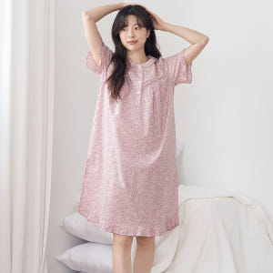 핑크잔꽃 반팔 여름 빅사이즈 순면 여성 홈웨어 원피스 잠옷 착용 후기 | 사이즈/핏 총정리 - 상품 이미지 1
