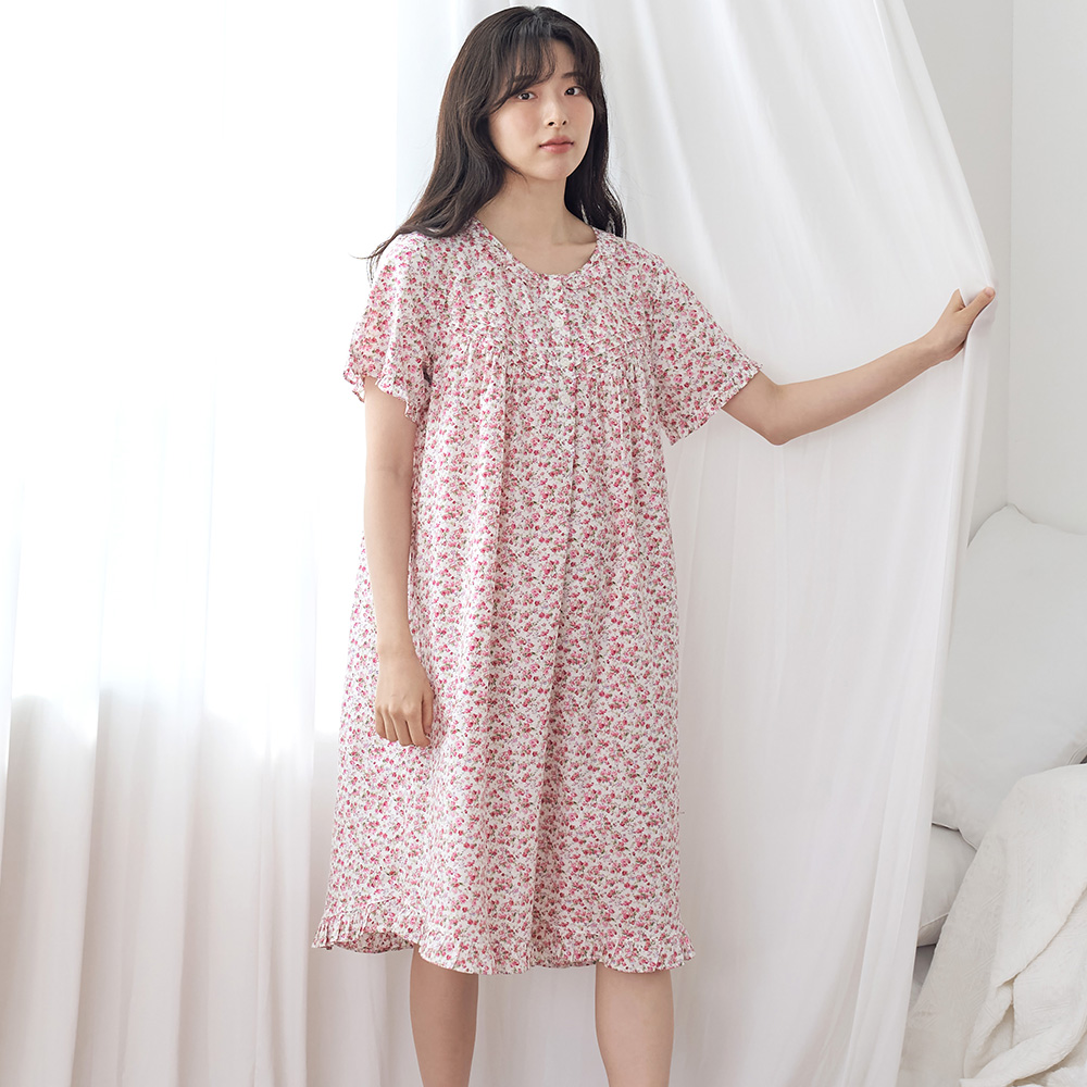 빨간잔꽃 반팔 여름 빅사이즈 순면 여성 홈웨어 원피스 잠옷 이미지 2