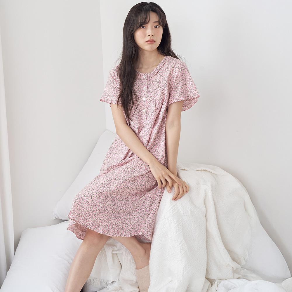 핑크잔꽃 반팔 여름 빅사이즈 순면 여성 홈웨어 원피스 잠옷 이미지 2